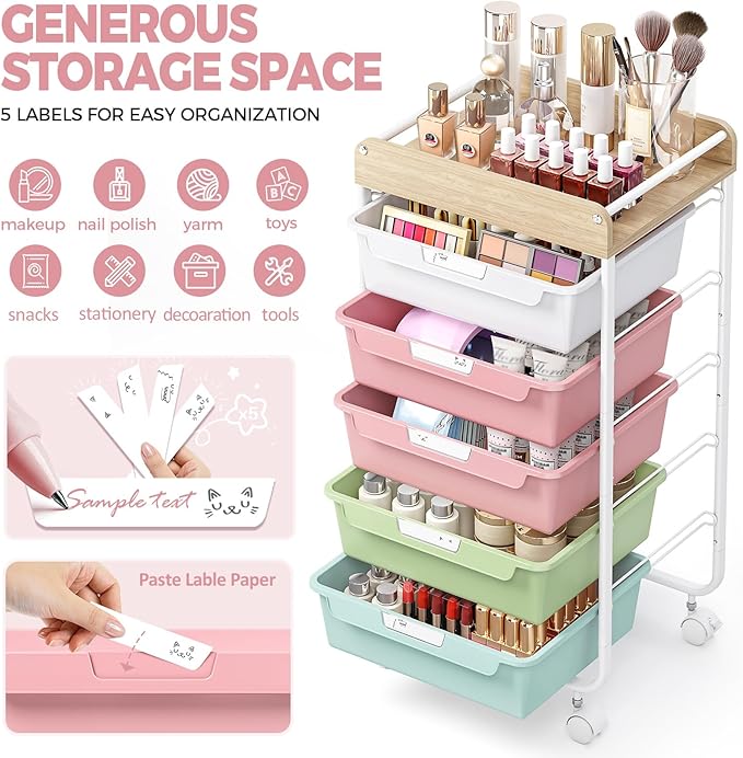 Rolling Storage Utility Cart With 5 Drawers,Craft Cart with Wheels,Makeup Organizer,Art Supply And Storage Wooden Tabletop,Rainbow