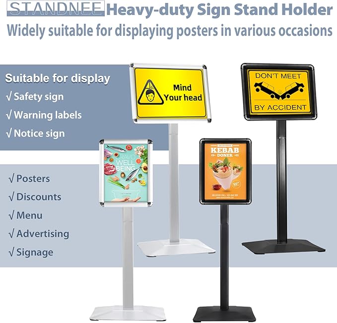 STANDNEE Poster Stand Holder Pedestal Floor Standing Sign Holder 11"x 17" Vertical and Horizontal View Sign Display, Aluminum Snap Open Frame with Safety Corner (Black, 3Packs)