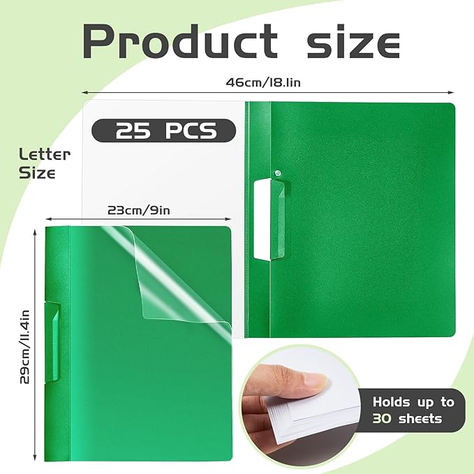 Maitys 25 Pack Durable Clear Report Covers with Rotary Clip 11 x 9 in Letter Size Presentation Folders Transparent Front Cover Portfolio Folder Resume Folder Interview Report Folders (Green)