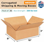Medium Moving & Shipping Boxes 10"L x 8"W x 3"H (25-Pack) - Extra Strength 200 lb vs Regular - Corrugated Boxes for Packaging - Durable Shipping Box - Cardboard Box for Shipping by IDL Packaging