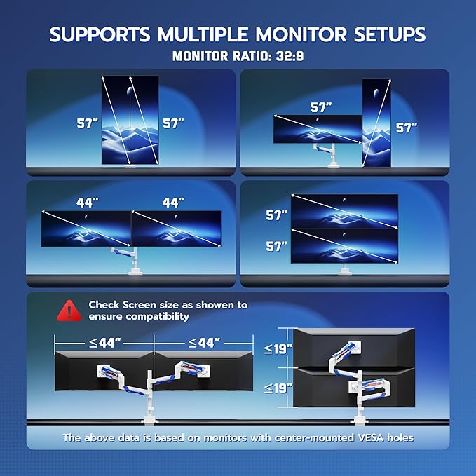 ARES WING Vertical Dual Monitor Mount - 24-57" Aluminum Heavy Duty Monitor Arms for 2 Monitors, Fully Adjustable Gas Spring Stacked Monitor Stand with 75/100/200 Vesa Mount, White