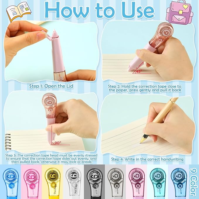 auroray 18 Pack Correction Tape Pens 1/5" X 236", 9 Color Correction Tape Pens Easy to Use Applicator for Instant Correction Students School Office Supplies