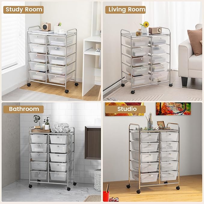 HAPPYGRILL 10-Drawer Rolling Storage Cart, Storage Organizer Cart with Lockable Wheels, Beauty Salon Movable Utility Cart for School, Office, Home, (Clear)