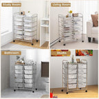 HAPPYGRILL 10-Drawer Rolling Storage Cart, Storage Organizer Cart with Lockable Wheels, Beauty Salon Movable Utility Cart for School, Office, Home, (Clear)