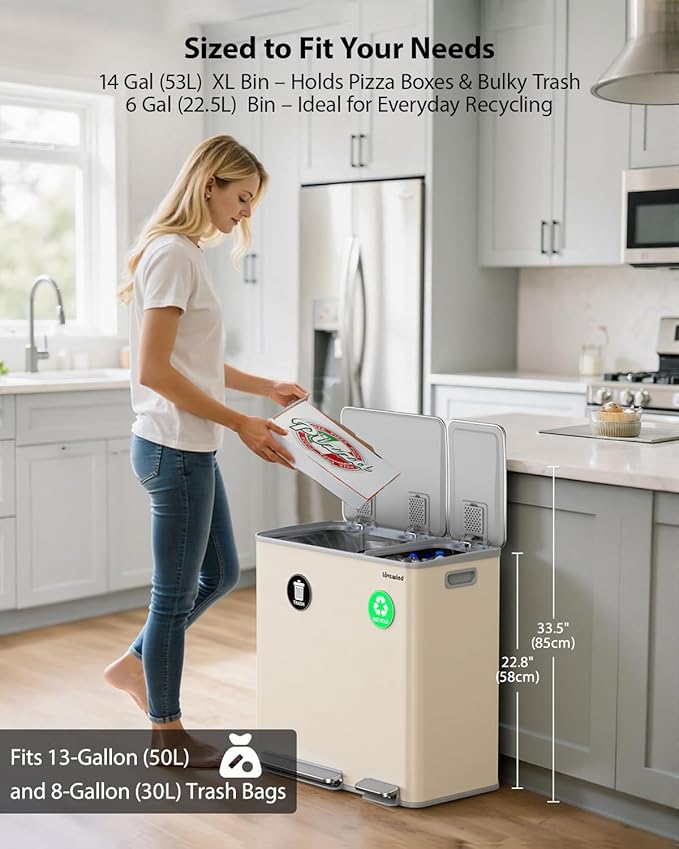 Lovewind Dual Trash Can, 14 + 6 Gallon Garbage Can for Kitchen Dual Compartment Recycling Kitchen Step Trash Bin, Stainless Steel Trash and Recycle Bin Combo with Soft-Close Lid, Apricot