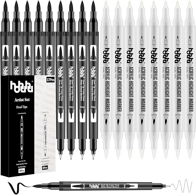 hhhouu 17Pack Dual Tip Black & White Brush Pens- Fineliner & Highlighting Set for Artists, Illustrators & Comic Drawing Smooth Ink Flow, Smudge-Free HO-17BW