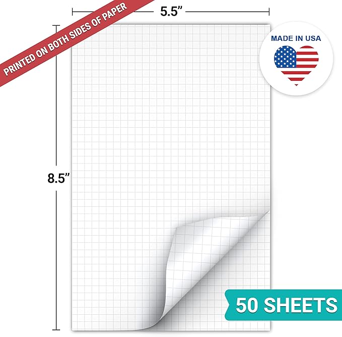 321Done Double Sided Graph Paper Notepad, 0.20 Grid, 5.5x8.5, Made in The USA, Quad Ruled Pad for Writing, Drawing, Sketching, Journaling, Planning (50 Sheets) Thick Paper, Squares on Both Sides