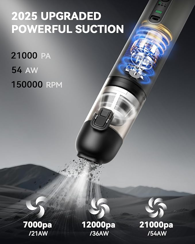 yoyoto Car Vacuum, Handheld Vacuum Cordless with 21000Pa Powerful Suction & 3 Modes, 4-in-1 Portable Hand Held Mini Vacuum Cleaner Rechargeable, Ultra Light for Car Home Office (Silver)