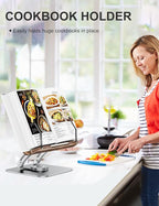 Tounee Book Stand for Reading, Adjustable Book Holder with 360° Swivel Base, Foldable Cookbook Stand Recipe Book Holder with Elastic Page Clips for Music Scores, Recipe, Tablet, Laptop-Silver