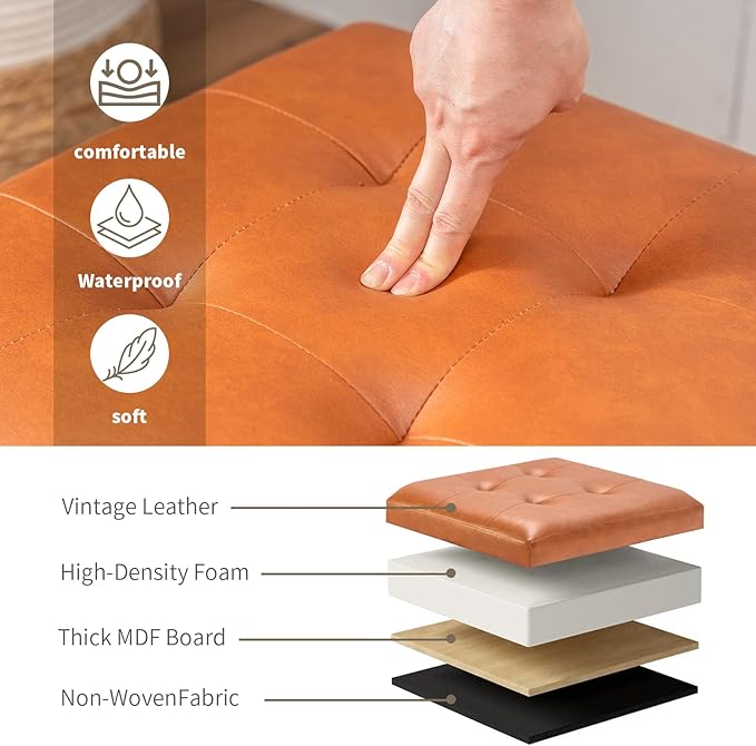 Asense 17 Inch Storage Ottoman Foot Rest,Square Faux Leather Foot Stool,Small Ottoman with Storage,Padded Seat for Entryway,Living Room,Bedroom,Couch,Under Desk,Cognac Brown