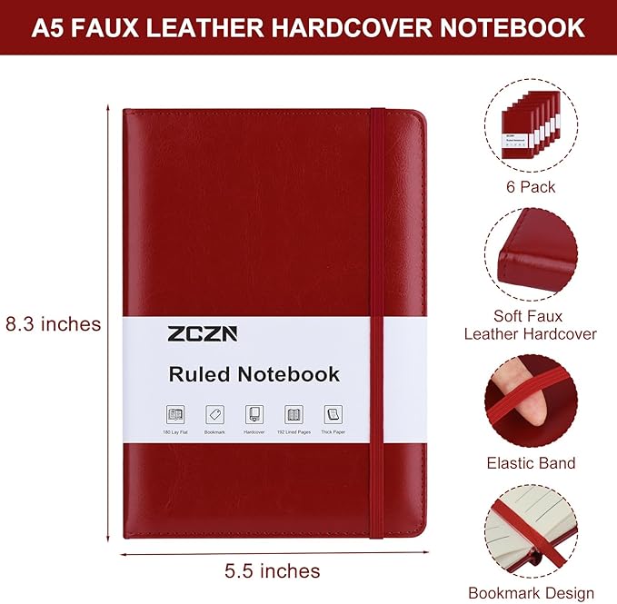 ZCZN 6 Pack Lined Journal Notebooks, 192 Pages A5 Hardcover Leather Journals for Work,Writing,School & Travel, College Ruled Journaling Notebooks for Notes Taking,Diary Notepad (Black*2+Brown*2+Red*2)