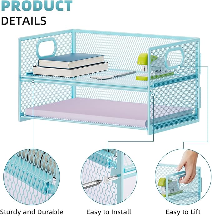 Marbrasse 2 Tier Paper Organizer Letter Tray, Mesh File Organizer with Handle, Paper Sorter Desk Organizer for Home Office Supplies - 2P Blue