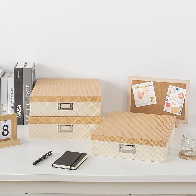 Soul & Lane Decorative Storage Boxes with Lids for Organizing, Set of 3 Jumbo Scrapbook Letter Storage Boxes for Documents, Photos, Keepsakes, Memories, Geometric Check