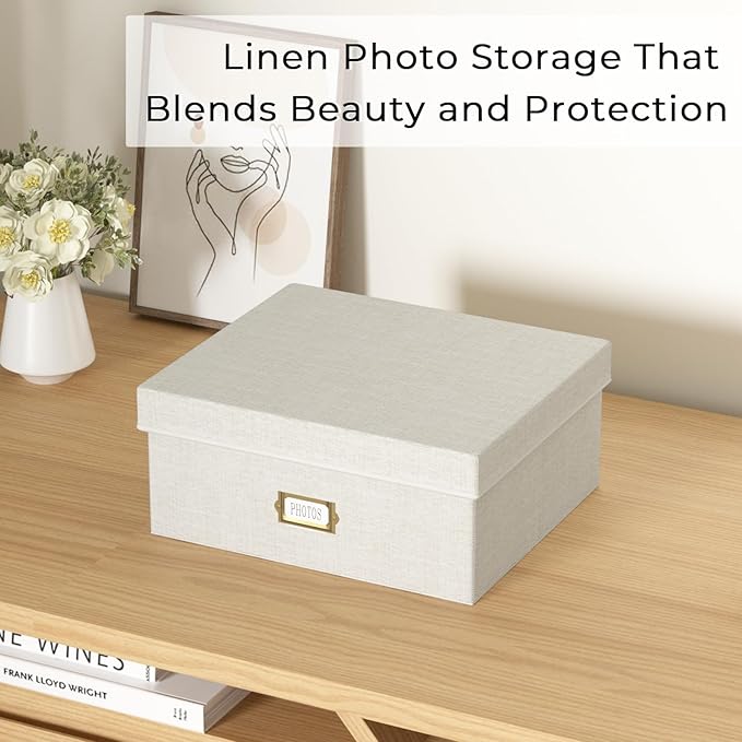 Decorative Photo Storage Box - Linen Photo Box Organizer with Dividers, Fits Holds Up to 1700 Pictures and 4x6 Photos, Memory Keepsake Organizer for Photos, Scrapbook Supplies, Cards, Stamps (Beige)