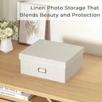 Decorative Photo Storage Box - Linen Photo Box Organizer with Dividers, Fits Holds Up to 1700 Pictures and 4x6 Photos, Memory Keepsake Organizer for Photos, Scrapbook Supplies, Cards, Stamps (Beige)