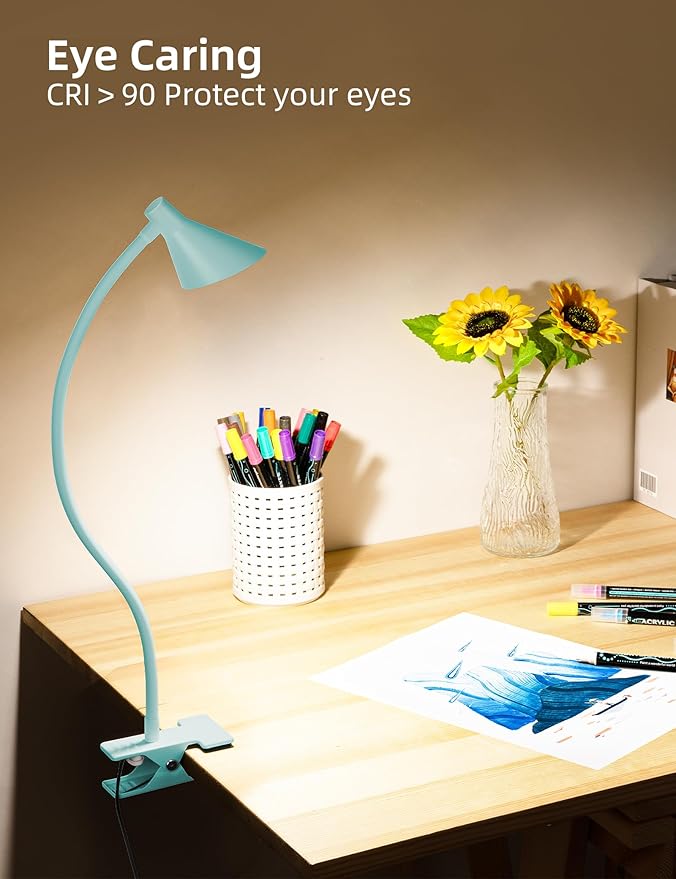 LiFMIRA Reading Light for Bed, Clip-on Desk Lamp with Flexible Neck, 3 Color Modes & 10 Dimmable Brightness, Teal