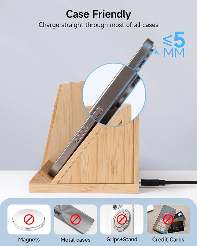 Bamboo Pen Holder for Desk & Nightstand Organizer with Fast Wireless Charging for iPhone, Samsung & More – Office Desk Accessories for Men/Women (Bamboo)