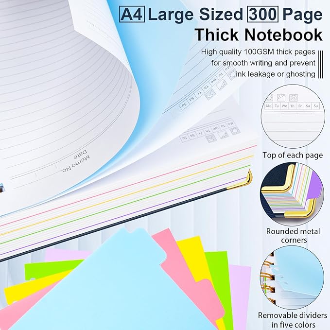 Hardcover Spiral Notebook 8.5"x11" Journal Notebook with Tabs and Removable Dividers 300 Pages 5 Subject Notebook College Ruled, Faux Leather Spiral Bound Notebook for Women School Work(Dark Blue)