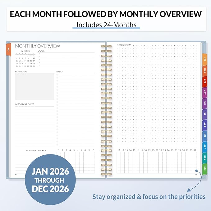 SUNEE 2026-2027 Planner - 24 Months (Jan 2026 - Dec 2027) - 7"x10" Monthly Spreads & Yearly Planner, Gray Blue