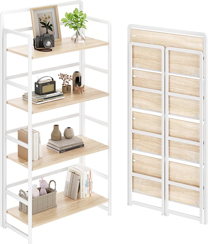 THKKY No Assembly Folding Bookshelf, 4 Tiers Collapsible Book Shelf for Home Office, Vintage Wood Foldable Bookcase Storage Organizer for Living Room Bedroom (Beige)