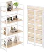 THKKY No Assembly Folding Bookshelf, 4 Tiers Collapsible Book Shelf for Home Office, Vintage Wood Foldable Bookcase Storage Organizer for Living Room Bedroom (Beige)