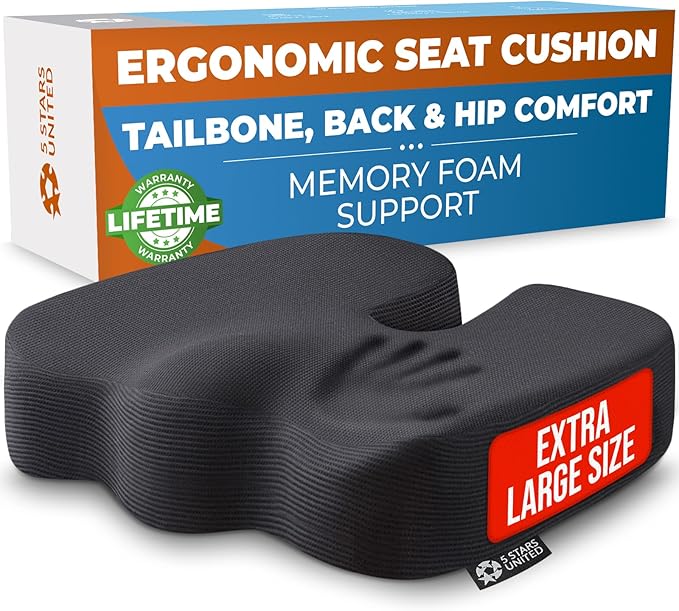 5 STARS UNITED Seat Cushion for Tailbone Pain Relief – Memory Foam Cushion for Coccyx, Hip, Sciatica & Post-Surgery Recovery – Wheelchair, Car, Desk, Gaming & Office Chairs, Black, X-Large