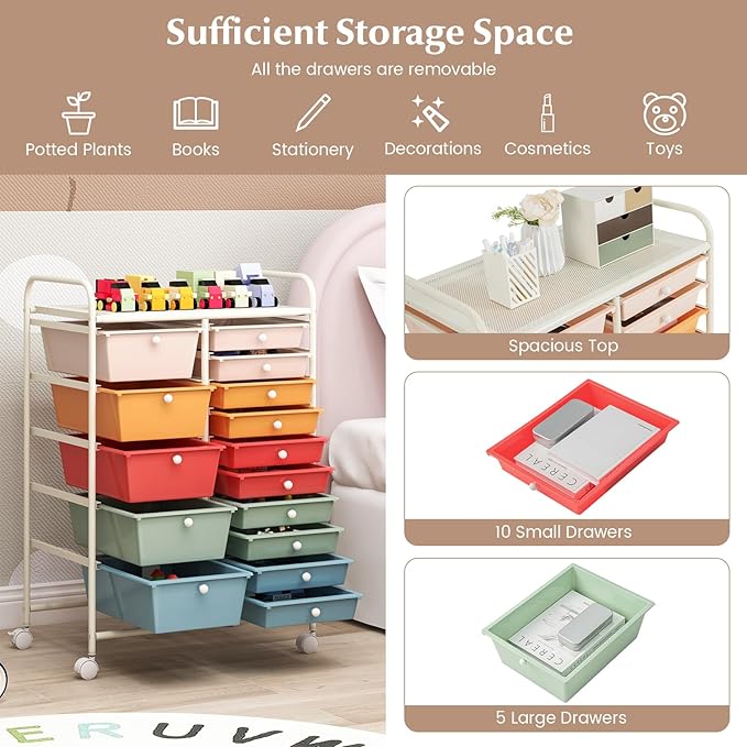 COSTWAY 15 Drawers Storage Cart, Multipurpose Rolling Utility Cart on Wheels w/Lockable Wheels & Removable Drawers, Mobile Tools Scrapbook Paper Organizer Cart for Office School Home, Macaron