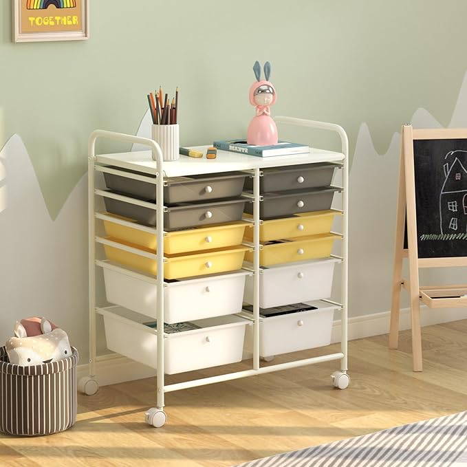 LDAILY 12 Drawer Rolling Storage Cart, Craft Cart Organizer on Wheels w/Metal Frame, Large Capacity & Smooth Drawer, Rolling Cart w/Drawers for Classroom, Office