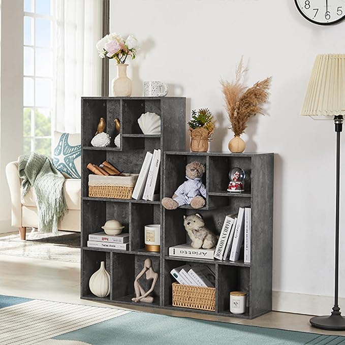 VECELO Wide Bookshelf Set, Fits 9.3" × 10-12.8" Hardcovers, Cube Storage Bookcases, Free-Standing for Living Room, Bedroom, Home Office, 3/4-Tier, 2-Pack, Gray
