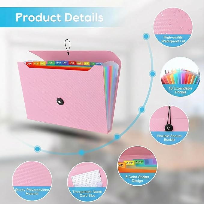 Accordion File Organizer, Accordion Folder for Sorting Documents and Papers, 13 Pockets Expanding File Storage Organizer for Hospital, Home, Travel and Office Use (Pink)