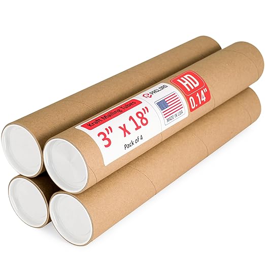 Paclord 3" x 18" Heavy-Duty Reinforced Cardboard Mailing Tube, Pack of 4 Tubes with 8 Caps – Secure USPS Approved – Great for Shipping and Storing of Prints, Artwork, Posters or Documents