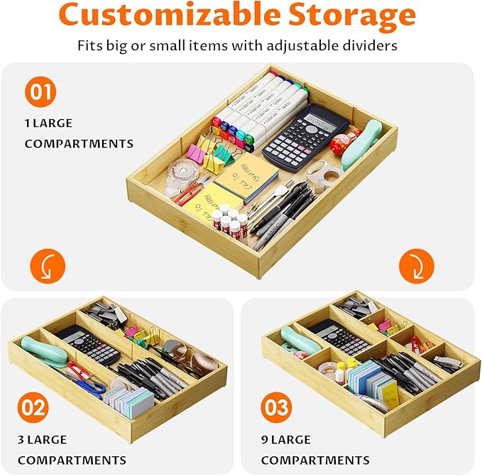VA1KENE Bamboo Drawer Organizer with 9 Adjustable Compartments, Office Desk Organization Tray for Office Utensils, Supplies, Makeup, Jewelry, and More – Ideal for Desk or Drawer Storage