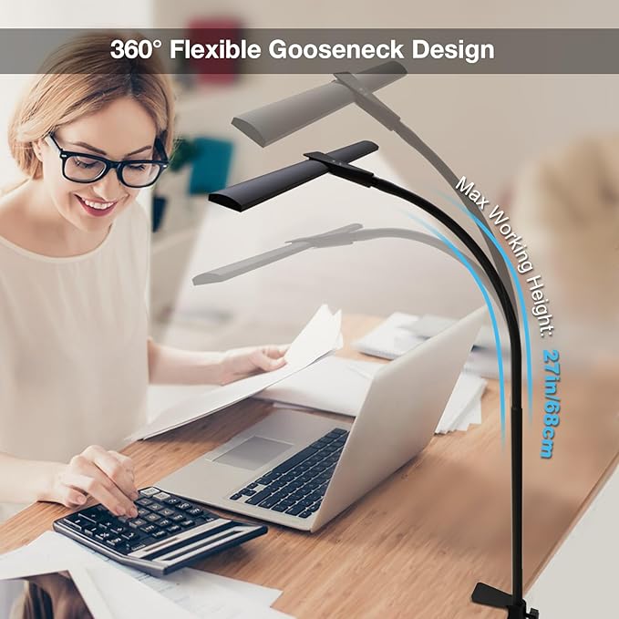 Hensam Desk Lamp for Home Office, Double Head Desk Light with Clamp, Dimmable 5 Color Modes Task Lighting, Eye-Caring Architect Table Lamp for Workbench, Dual Monitor, Study, 1400lm