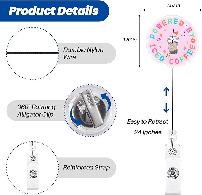 Powered by Iced Coffee Funny Pink Nurse Badge Reel, Cute Retractable ID Card Badge Holder, Name Tag Badge Buddy for RN CNA LPN MA Night Shift Nurse Nursing Student Doctor Social Worker Coffee Lovers