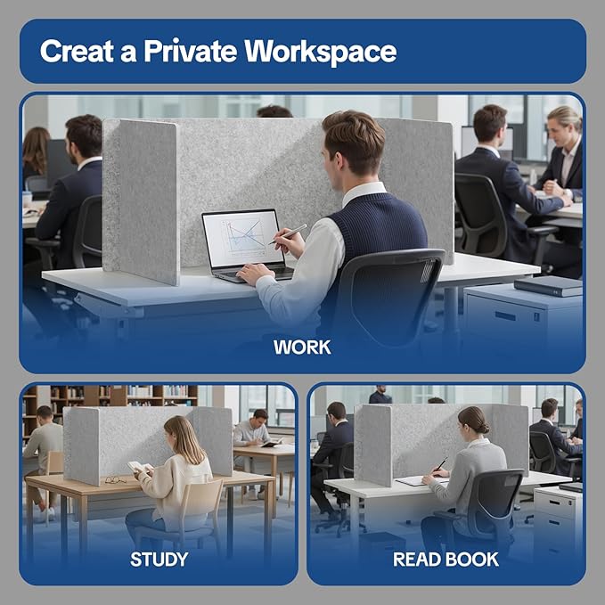 Keemute Desk Divider Privacy Screen 3 Panel Sound Absorbing - 47.2”x 23.6”x 19.7” Freestanding Acoustic Partitions for Office, Noise Reducing Panels for School, Home, Library,Sliver Grey