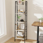 Hzuaneri Ladder Shelf, Bookshelf Bookcase, Freestanding Corner Storage Shelve with 2 Hooks for Home Office, Living Room, Kitchen, Bedroom, Industrial, 11.8" D x 17.3" W x 63" H, Greige BC19205B