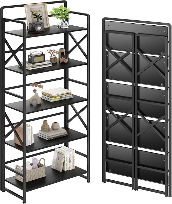 THKKY No Assembly Folding Bookshelf, 5 Tiers Vintage Wood Collapsible Book Shelf for Storage,Industrial Metal Foldable Bookcase Organizer for Living Room Bedroom Home Office (Black)