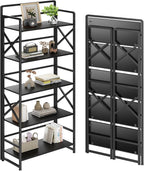 THKKY No Assembly Folding Bookshelf, 5 Tiers Vintage Wood Collapsible Book Shelf for Storage,Industrial Metal Foldable Bookcase Organizer for Living Room Bedroom Home Office (Black)