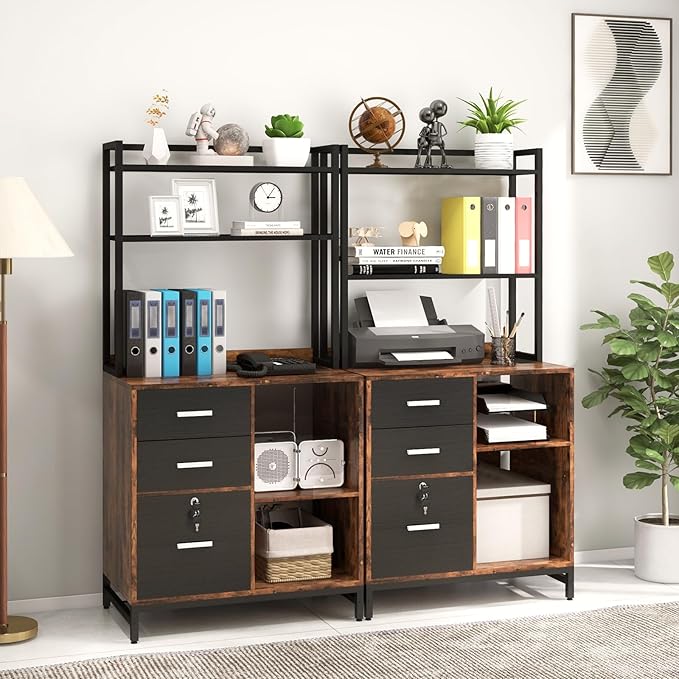 Livofloral Filing Cabinet with Charging Station, Files Cabinet with Shelves, 3 Drawer Office Organization, Printer Stand with Storage Shelves for Home Office, Lockable File Cabinets for Letters, Brown