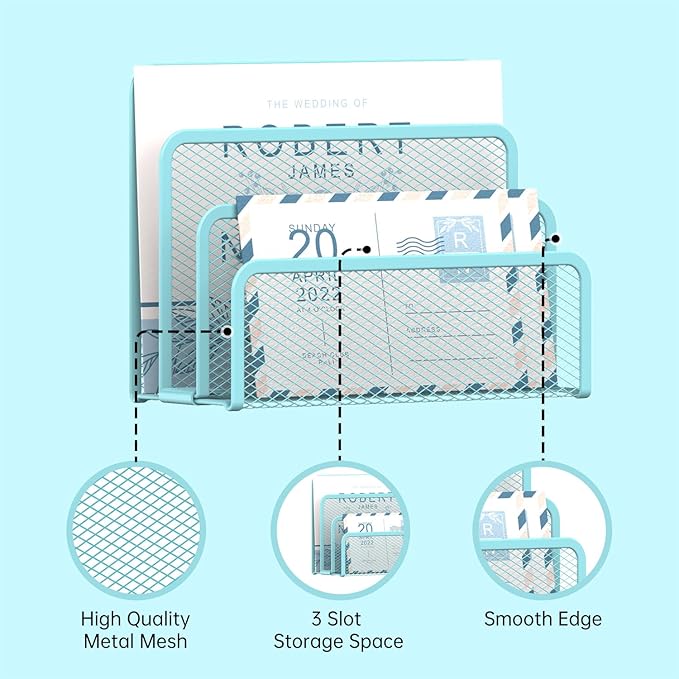 SUPEASY Mail Organizer for Desk, Mesh Metal Mail Holder Countertop with 3-Slot, Letter Sorter File Holder, Office Envelope Organizer for Mails (Blue)