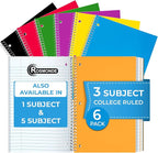 Rosmonde 3 Subject Notebook College Ruled, 6 Pack, 150 Sheets(300 Pages), No-Bleed Paper, 3 Hole Punched, 8x10-1/2, 3 Subject Spiral Notebook for School, Home & Office, Assorted Colors