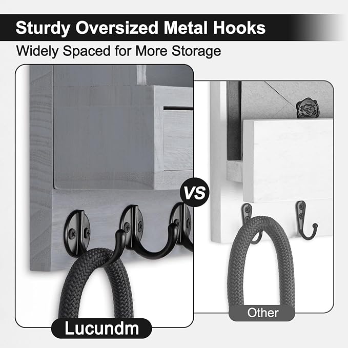 Lucundm Key Holder Wall Mount, Mail Holder with Storage Drawer and 5 Key Hooks for Coat, Dog Leash, Home Decor Rack, House Accessories, Entry Way Organizer (Gray)