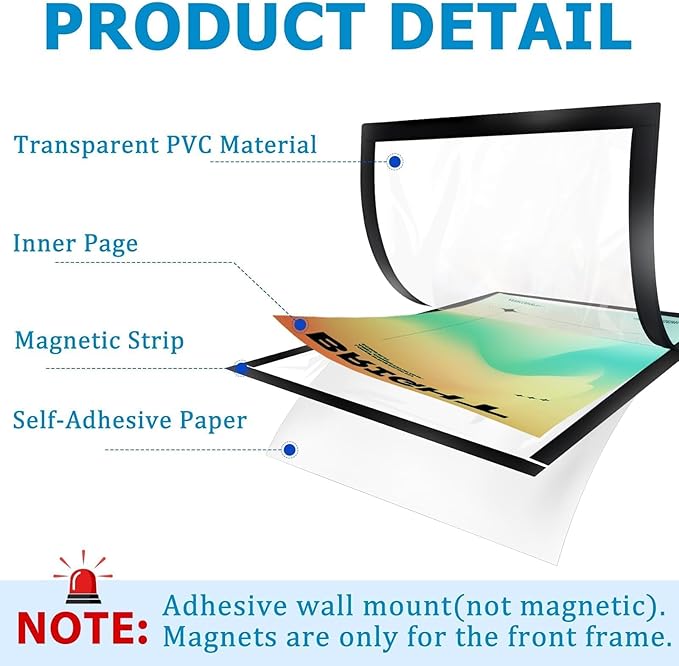Magnetic Sign Holders 8.5 x 11 in, 8 Pack Clear Display Frames with Strong Magnetic Border, Self-Adhesive for Smooth Surfaces, Wall Mount Tool-Free Document & Poster Holder for Menus, Notices, Photos