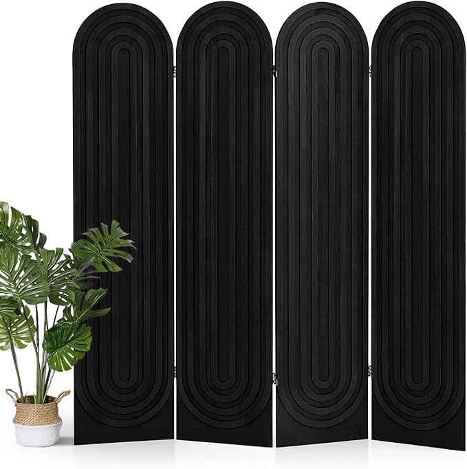 Asnefeli Room Divider and Folding Privacy Screen, 4 Panel Wood Arched Room Divider Wall, Portable Freestanding Partition Screen, Partition Divider for Room Separation for Home Office Bedroom, Black