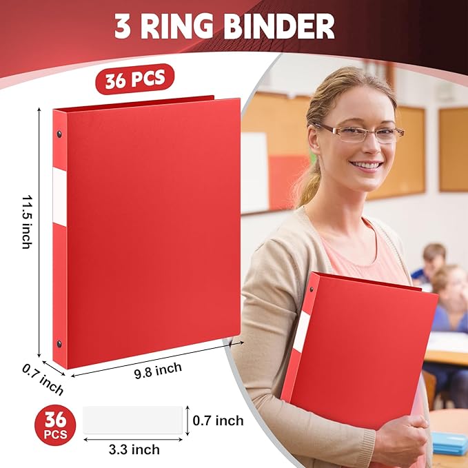Henoyso 36 Pcs 3 Ring Binder 0.5 Inch Round Fits Letter Size 8.5'' x 11'' Paper Plastic Flexible Binder Bulk Holds 140 Sheets with 1 Pockets Versatile Organizer for Home Office School (Red)