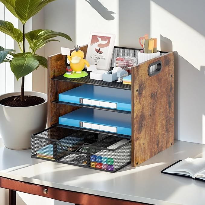 Boershun Wood Desk Organizer - 4-Tier Desktop File Organizer with Drawer, Wooden Paper Tray, Office Desk Organizer for Papers, Mail, Notebooks, Stationery