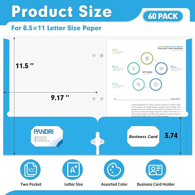 Two Pocket Portfolio Folders, PANDRI 60 Pack 3 Hole Punched 2 Pocket Folders for 3-Ring Binder, Letter Size Paper File Folder for School Office Home Business, Assorted 6 Colors