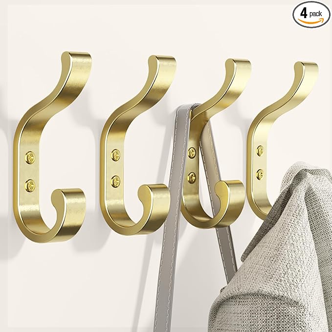 bussdis Large Wall Hooks for Hanging Coats: Heavy Duty Wall-Mount Hanger (Hold 30 LB), Mudroom Hooks for Clothes, Backpack, Purse, Bathroom Towel (Gold, 4 Pack)