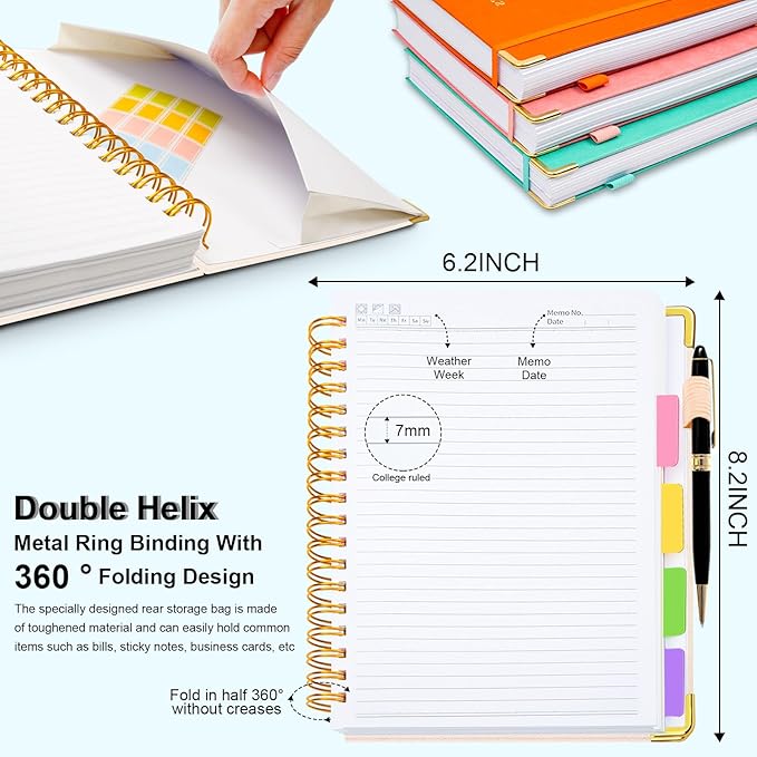 Hardcover Spiral Notebook 5.7"x 8.2" Journal Notebook with Tabs and Removable Dividers 300 Pages 5 Subject Notebook College Ruled, Faux Leather Spiral Bound Notebook for Women School Work(White)