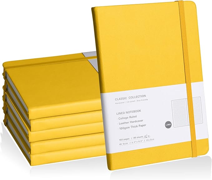 EMOMAS Lined Journal Notebook, 6Pack Hardcover Notebook for Men & Women – Journals for Writing, Work, School, Home & Daily Notes, 160 Pages – Medium A5, 5.7"x8", 100 gsm Thick Paper (Bright Yellow)